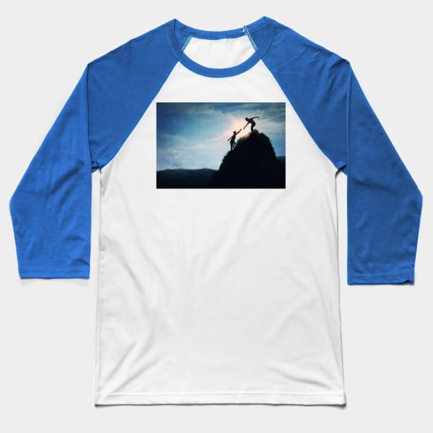 friends climbing a mountain Baseball T-Shirt by psychoshadow